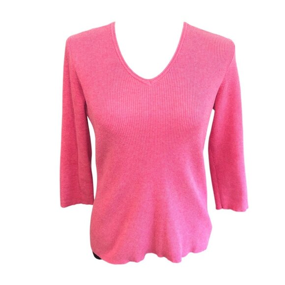 Eddie Bauer Pink Stretch Pima Cotton V-Neck Ribbed Knit Sweater 3/4 Sleeves L - Picture 1 of 9